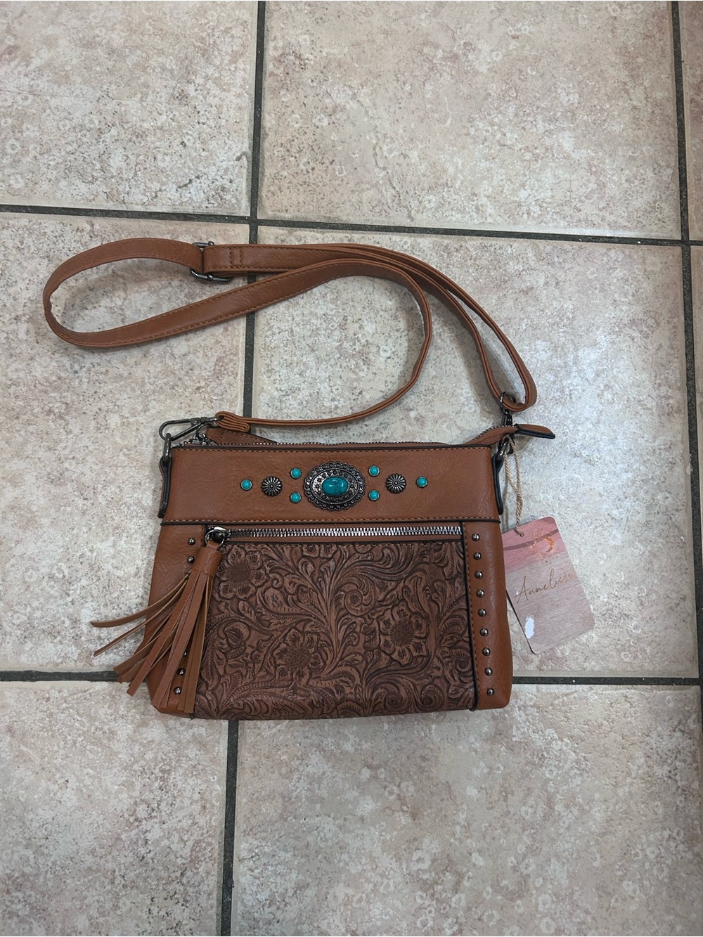 Western Tan Tooled Leather Crossbody with Turquoise Accents